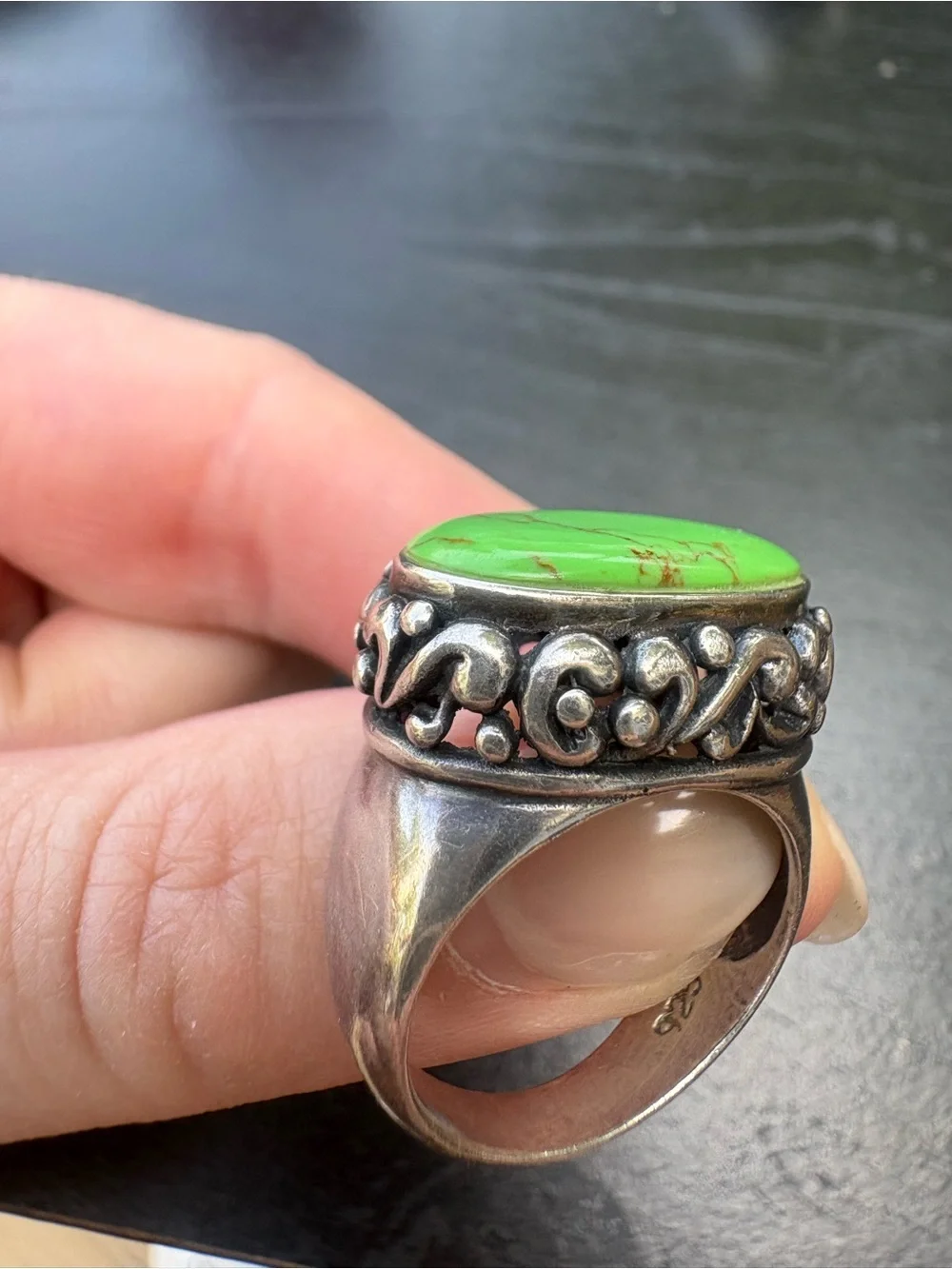 Vintage Bohemian Green Turquoise  Sterling Silver Statement Ring - Size 7.75